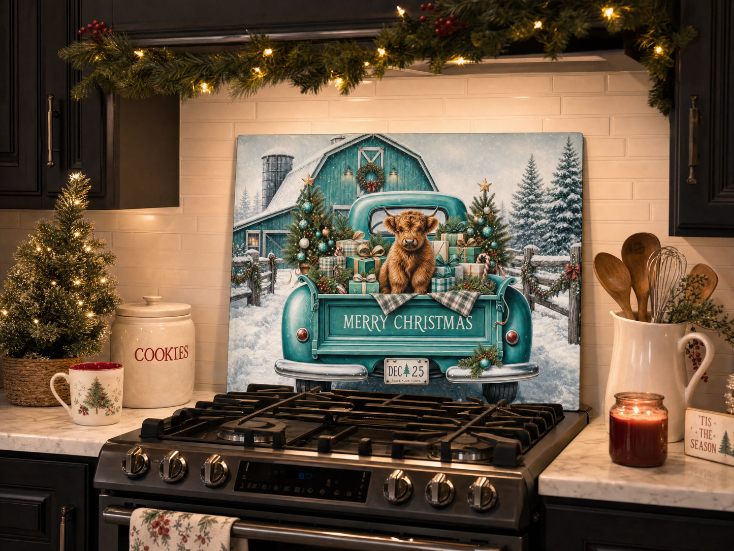 Highland Cow Teal Christmas Tempered Glass Cutting Board 15x11
