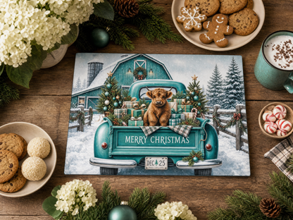 Highland Cow Teal Christmas Tempered Glass Cutting Board 15x11