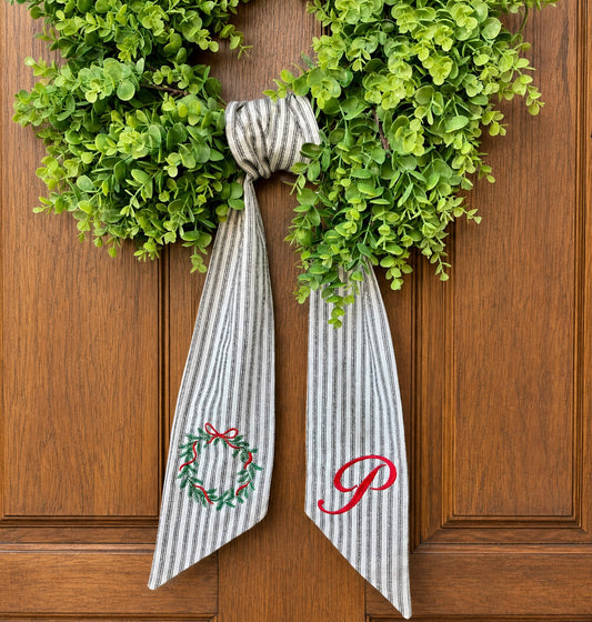 Custom Embroidered Christmas Wreath Sash Home Decor, 53x4.5in