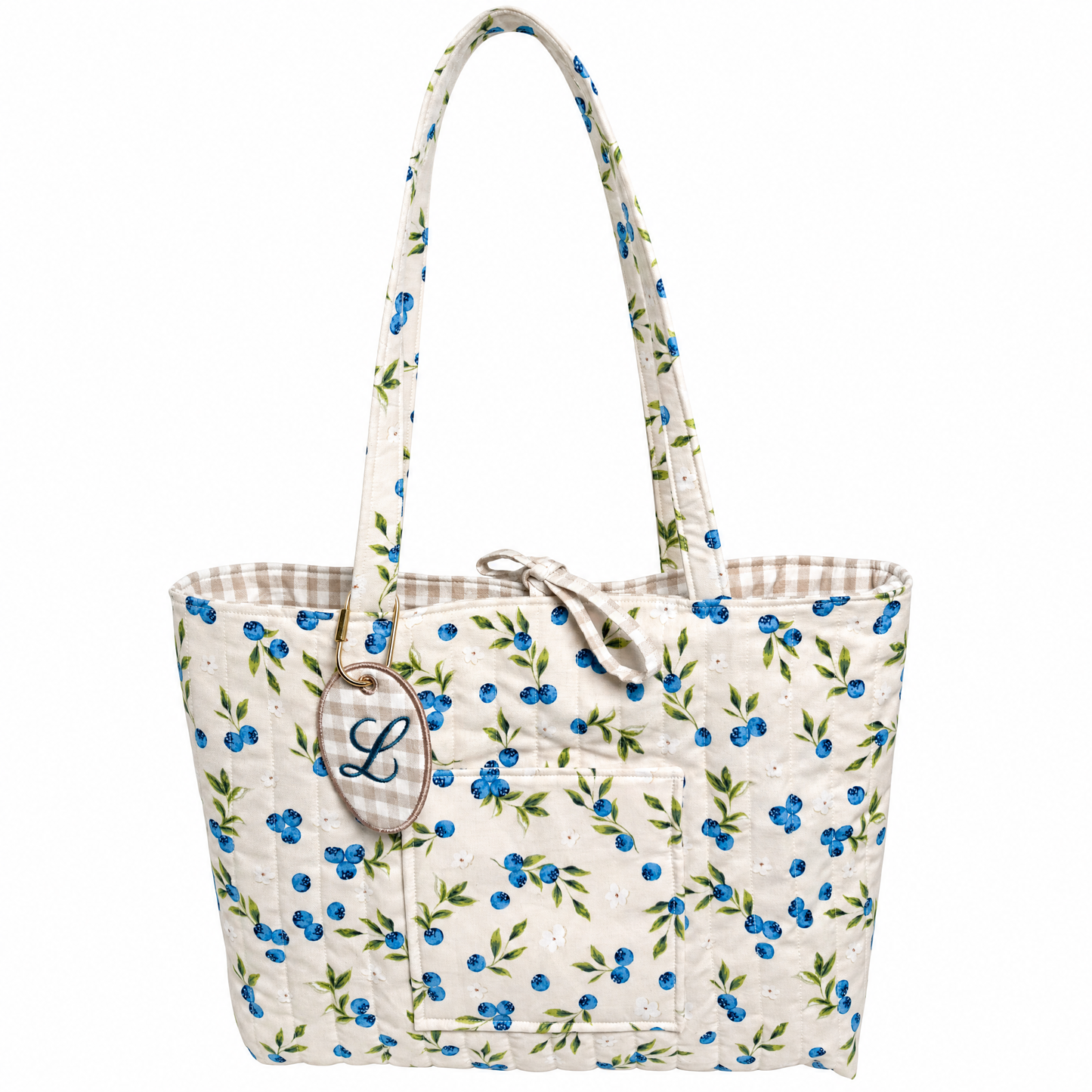 Quilted Blueberry Tote Bag 18x13x3 in with Tie Closure