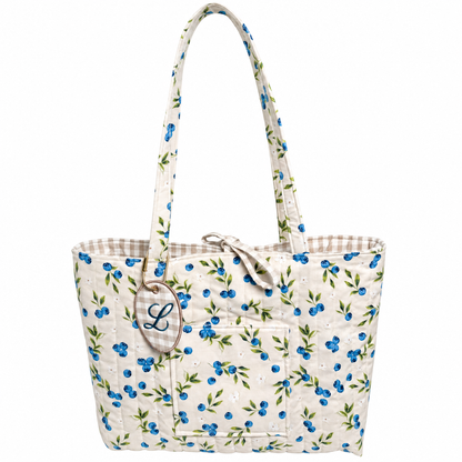 Quilted Blueberry Tote Bag 18x13x3 in with Tie Closure