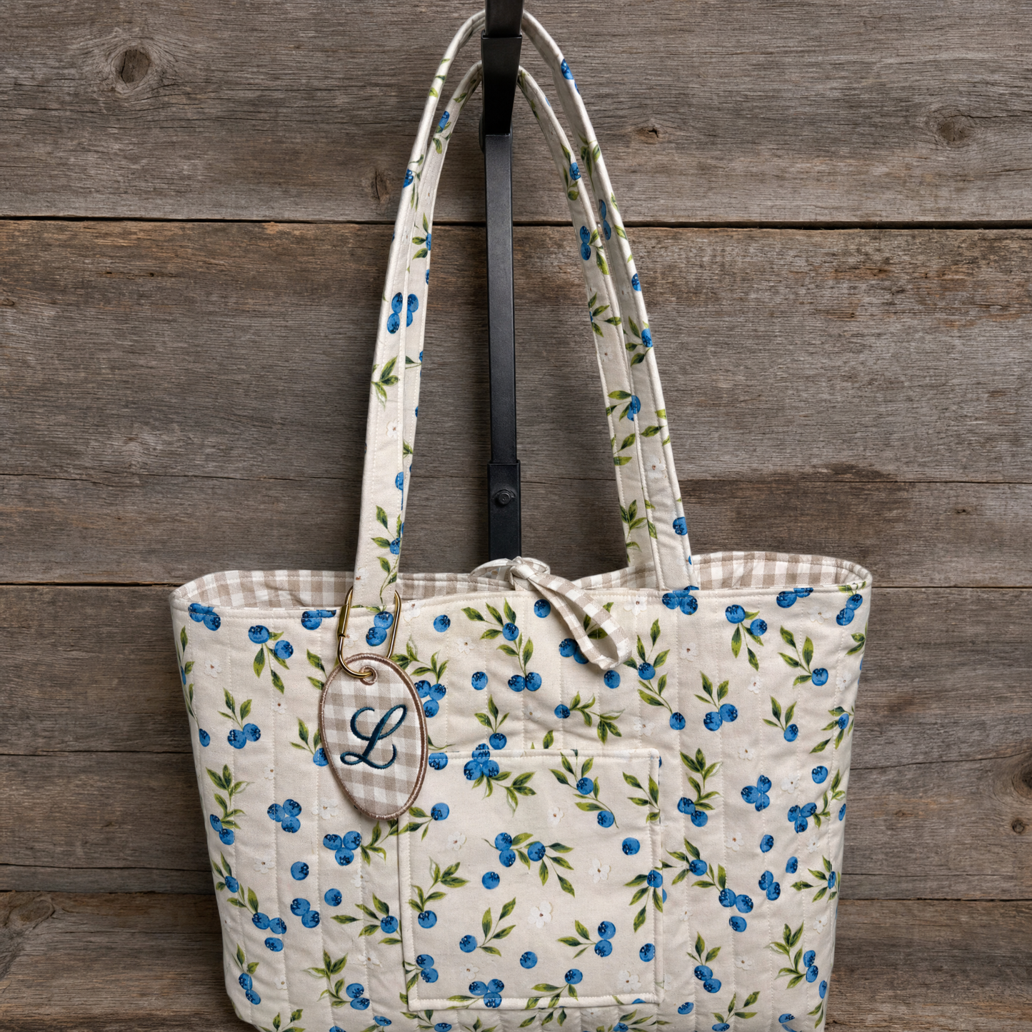 Quilted Blueberry Tote Bag 18x13x3 in with Tie Closure