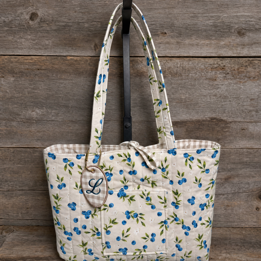 Quilted Blueberry Tote Bag 18x13x3 in with Tie Closure