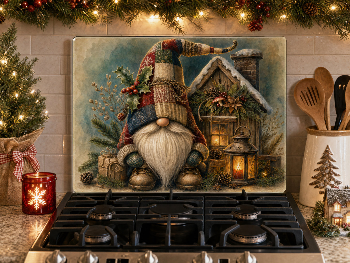 Cottage Christmas Gnome Tempered Glass Cutting Board 15x11 Inches
