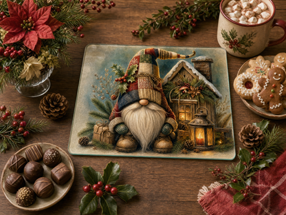 Cottage Christmas Gnome Tempered Glass Cutting Board 15x11 Inches