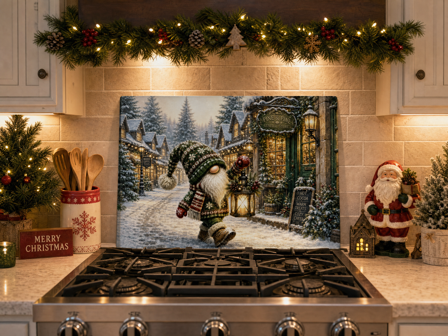 Christmas Village Gnome Tempered Glass Cutting Board 15x11 Inches