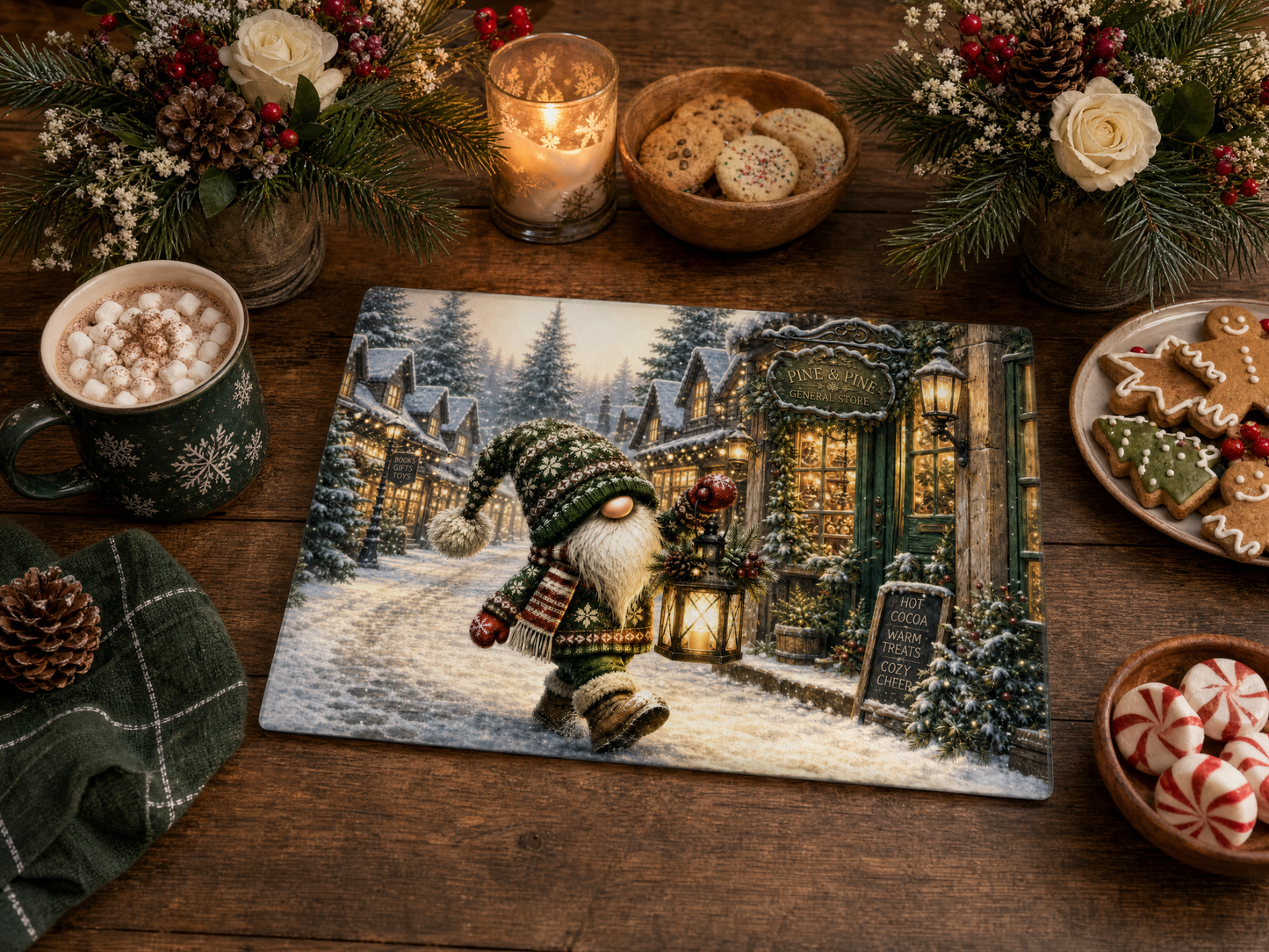 Christmas Village Gnome Tempered Glass Cutting Board 15x11 Inches