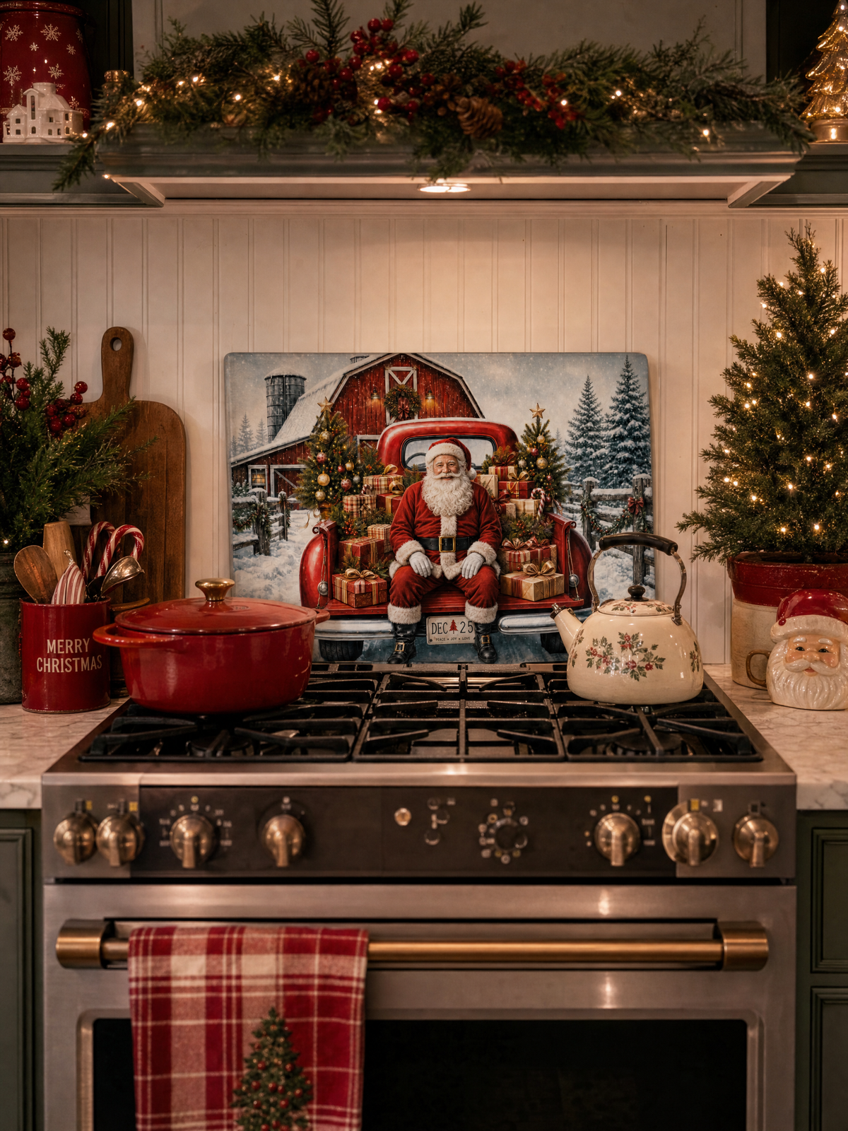 Santa Red Truck Christmas Tempered Glass Cutting Board 15" x 11"