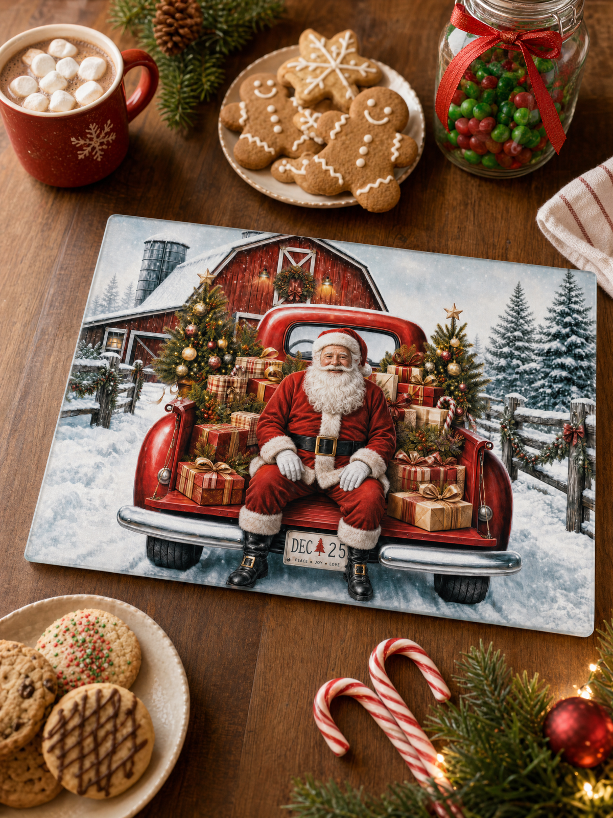 Santa Red Truck Christmas Tempered Glass Cutting Board 15" x 11"