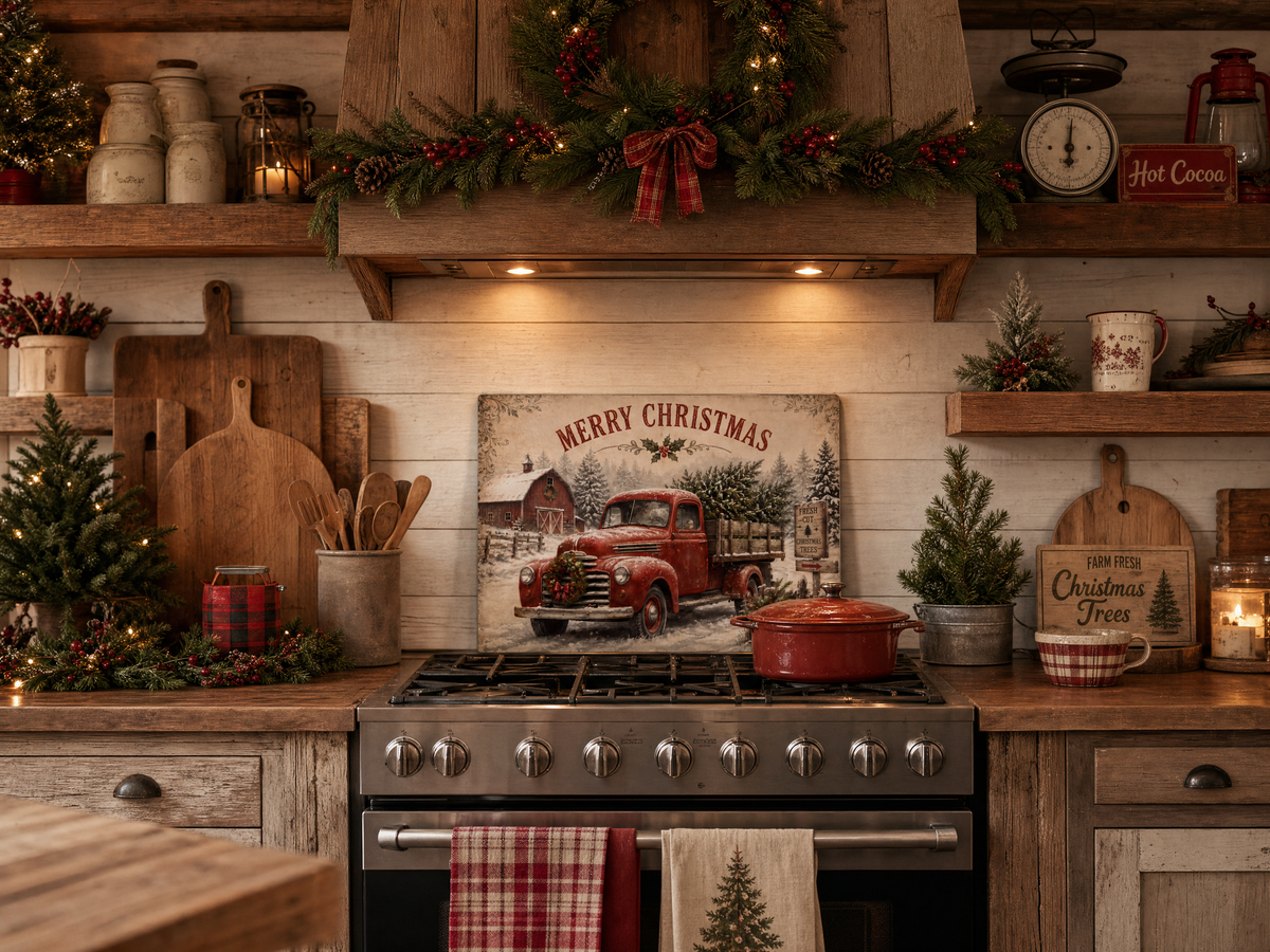 Merry Christmas Red Truck Tempered Glass Cutting Board 15" x 11"