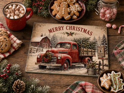 Merry Christmas Red Truck Tempered Glass Cutting Board 15" x 11"