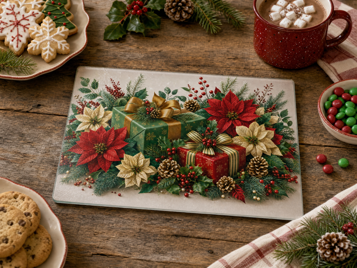 Christmas Poinsettia Tempered Glass Cutting Board 15" x 11"