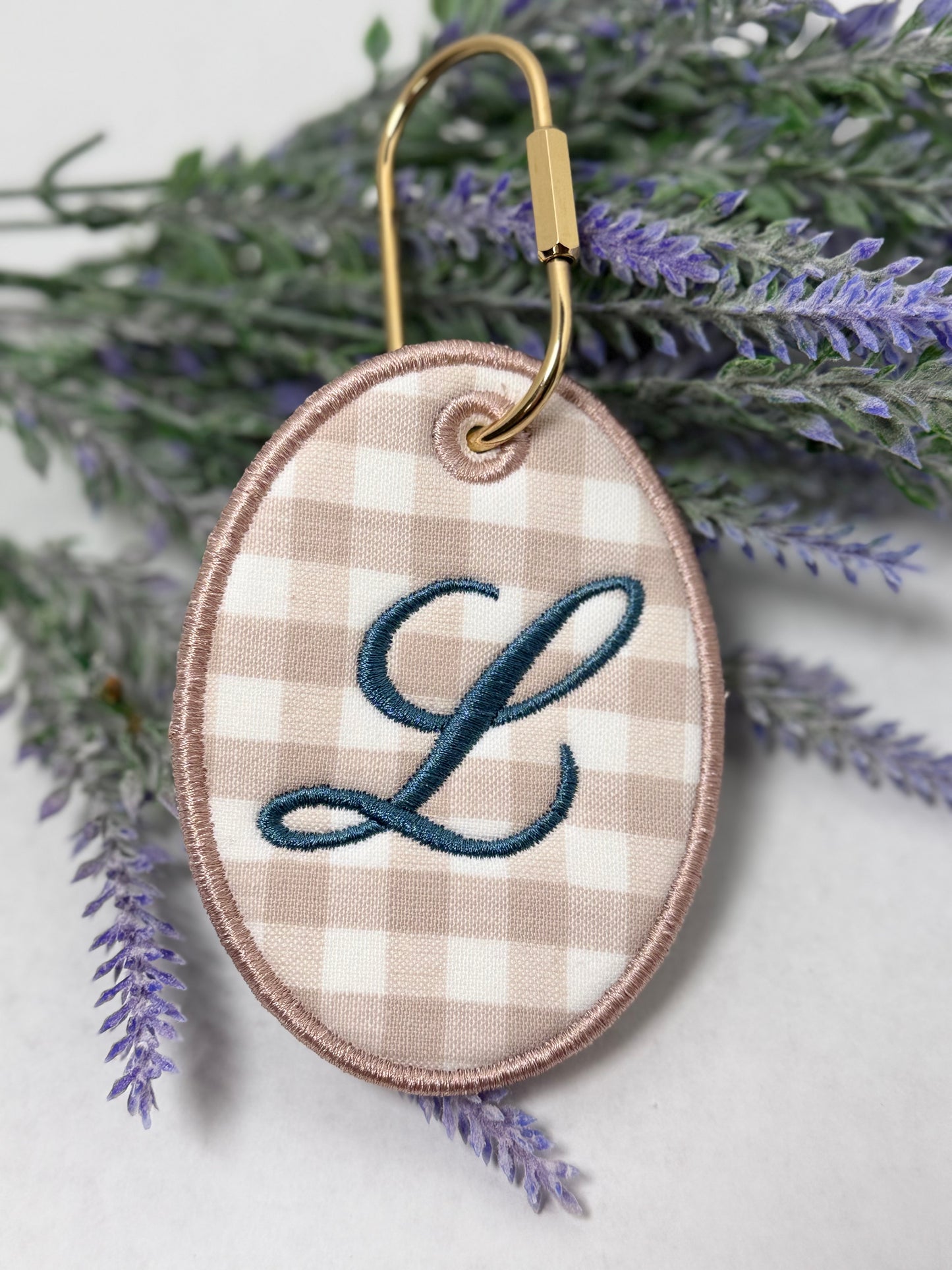 Personalized Embroidered Gingham Keychain Bag Tag with Initial