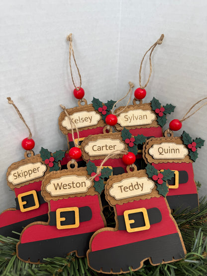 Personalized Santa Boot Ornament, Custom Name Wooden Christmas Ornament, Laser Engraved Keepsake