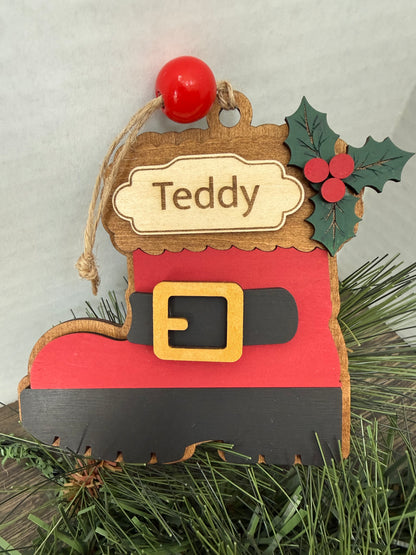 Personalized Santa Boot Ornament, Custom Name Wooden Christmas Ornament, Laser Engraved Keepsake