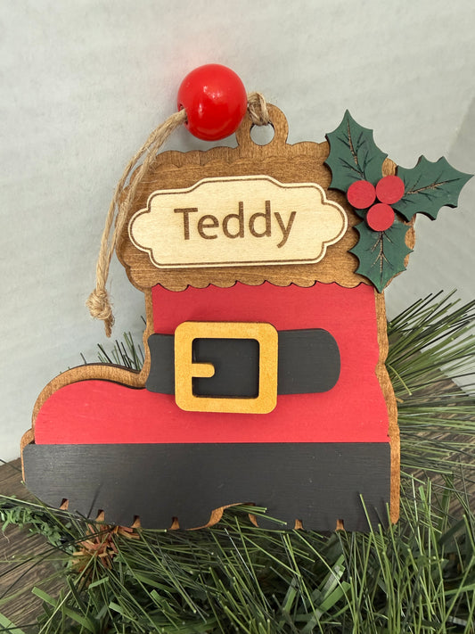 Personalized Santa Boot Ornament, Custom Name Wooden Christmas Ornament, Laser Engraved Keepsake
