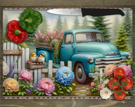Decorative Glass Cutting Board, Vintage Blue Truck Floral Design, 15 x 11 or 11 x 8 inches, Kitchen Spring Decor
