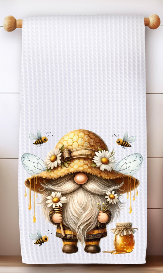 Gnome and Bee Kitchen Tea Towel - Premium Microfiber Waffle Weave for Absorbent Dish Drying