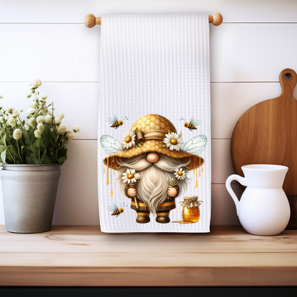 Gnome and Bee Kitchen Tea Towel - Premium Microfiber Waffle Weave for Absorbent Dish Drying