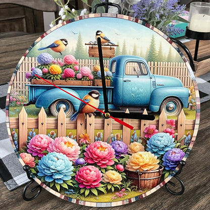 10” Round Wooden Clock with Blue Truck & Floral Scene