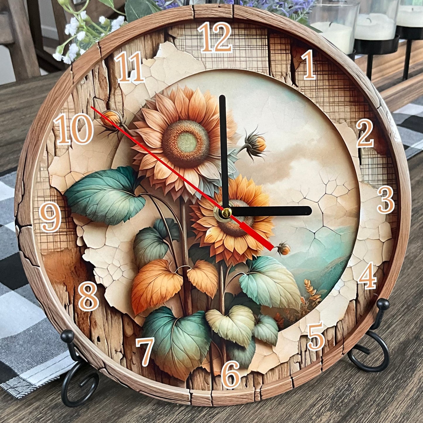 10” Round Wooden Sunflower Clock