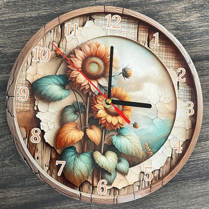10” Round Wooden Sunflower Clock