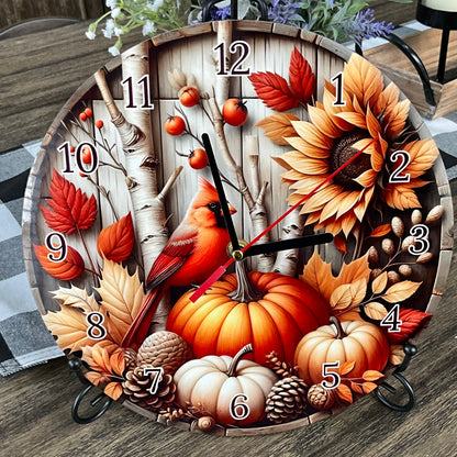 10” Round Wooden Clock with Rustic Autumn Cardinal Design