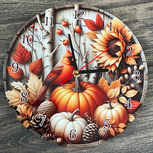 10” Round Wooden Clock with Rustic Autumn Cardinal Design