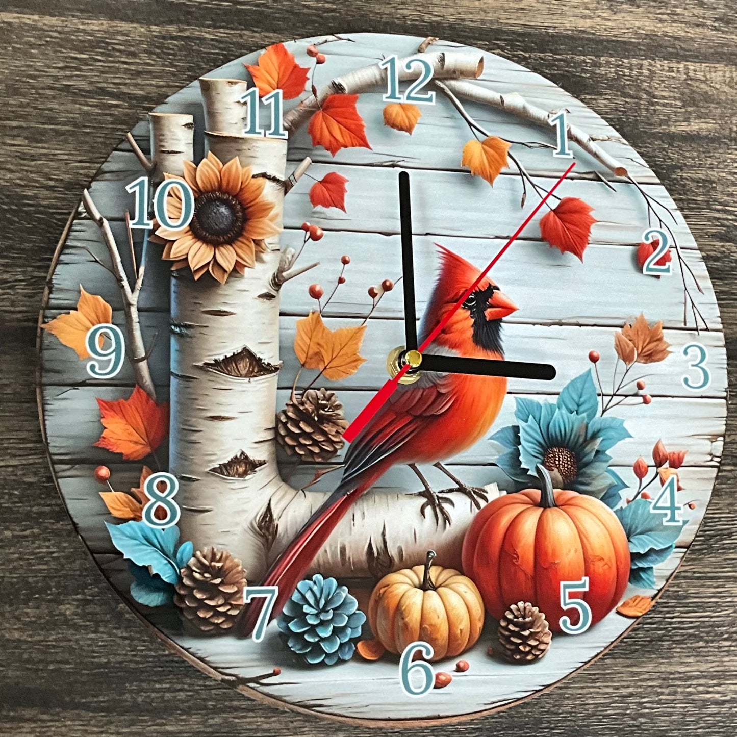 10” Round Wooden Clock with Autumn Cardinal Design