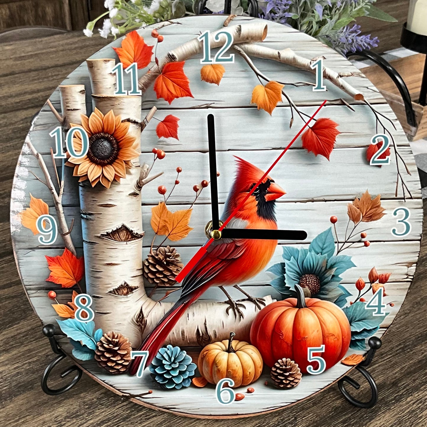 10” Round Wooden Clock with Autumn Cardinal Design