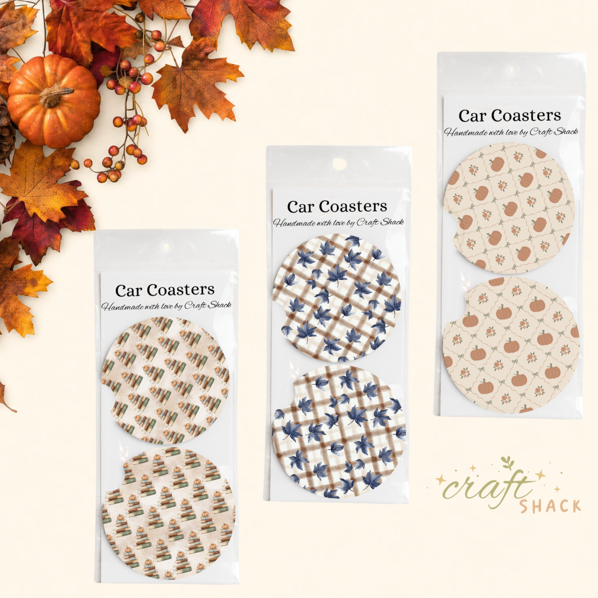 Fall Round Car Coasters, Neoprene, Set of 2, 2.75"  Diameter