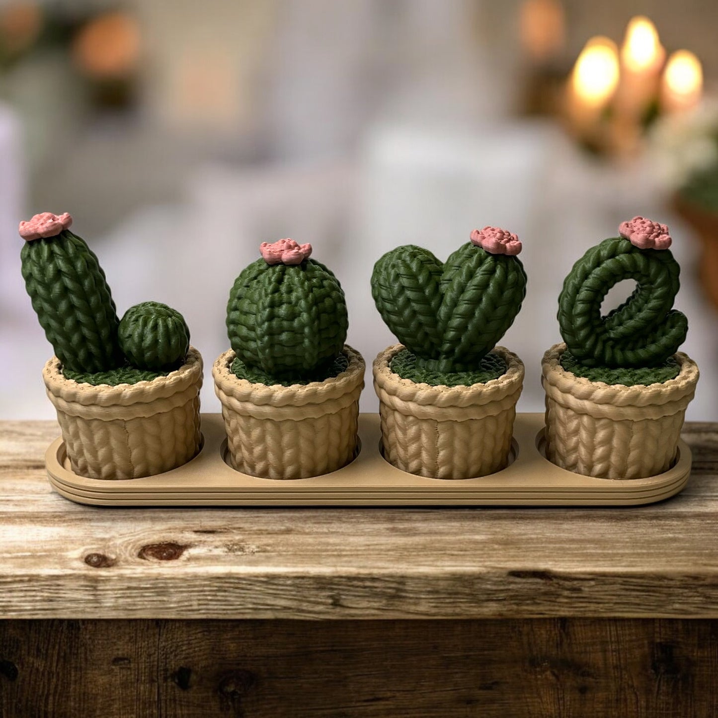 Love Themed Knitted Cactus Set In Potted Realistic Faux Stitch Cacti