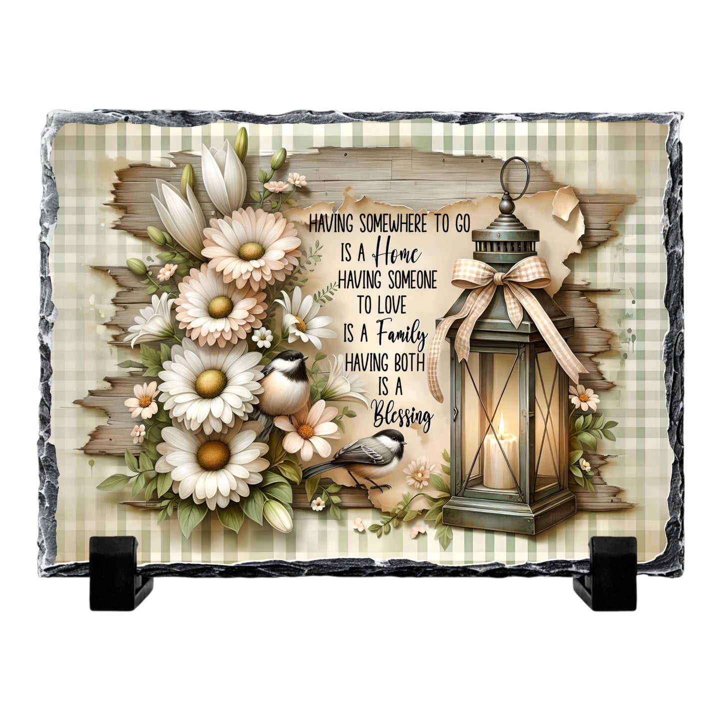 Decorative Slate Rock Sign with Display Stands, Home Blessing Quote with Lantern and Flowers Design, 5.5" x 7.5", Natural Slate