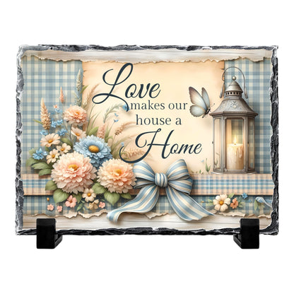Love Makes Our House a Home Decorative Slate Rock Sign with Display Stand, Natural Slate, 5.5" x 7.5", Floral Lantern Design, Home Decor Gift
