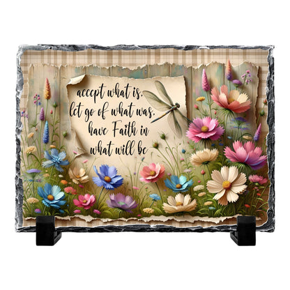 Inspirational Quote Slate Rock Sign with Dragonfly and Flowers, 5.5" x 7.5", Natural Slate with Display Stand, Home Decor