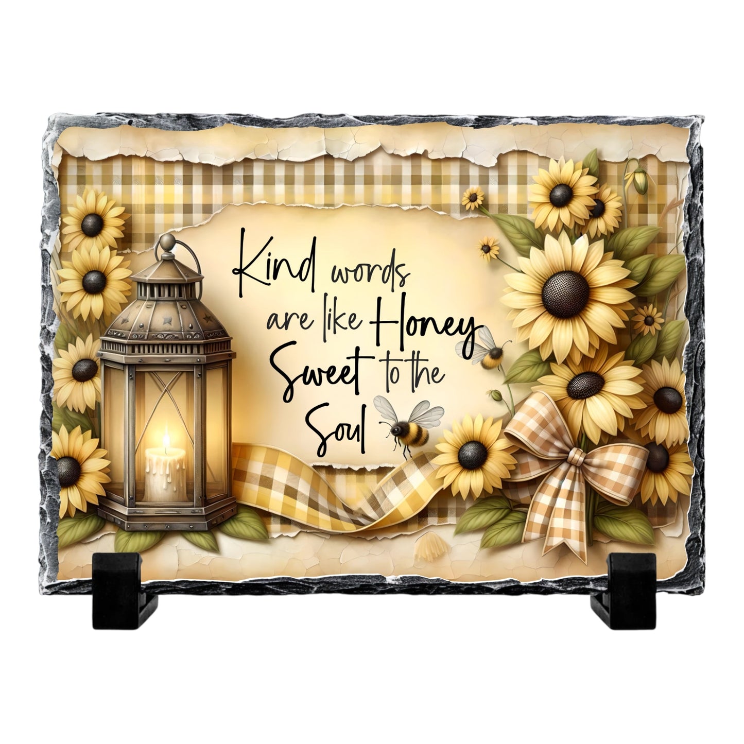 Decorative Slate Rock Sign with Sunflowers and Inspirational Quote, Kind Words Are Like Honey Sweet to the Soul, 5.5" x 7.5", Natural Slate with Display Stands