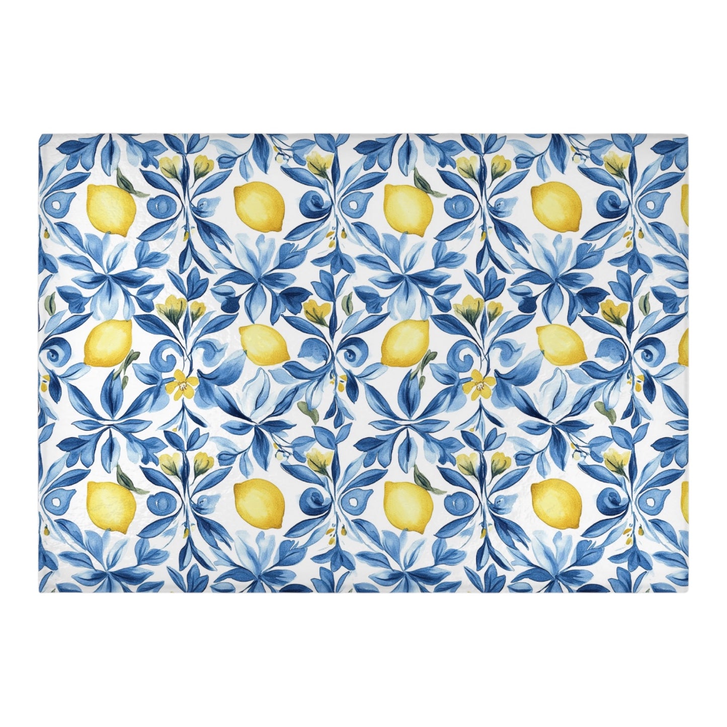 Lemon Blue Floral Tempered Glass Cutting Board 15 x 11 in