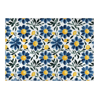 Blue Floral and Lemon Tempered Glass Cutting Board 15 x 11 in