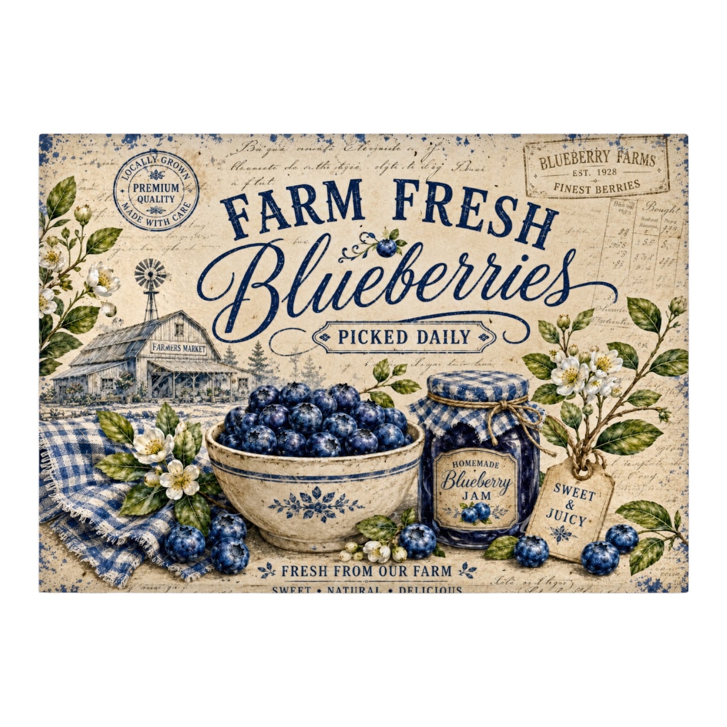 Farm Fresh Blueberries Tempered Glass Cutting Board 15x11 in