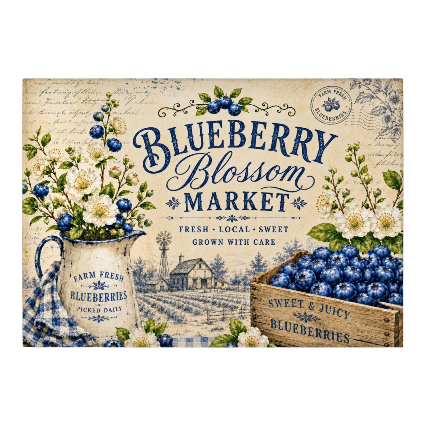 Blueberry Blossom Market Tempered Glass Cutting Board 15x11 in
