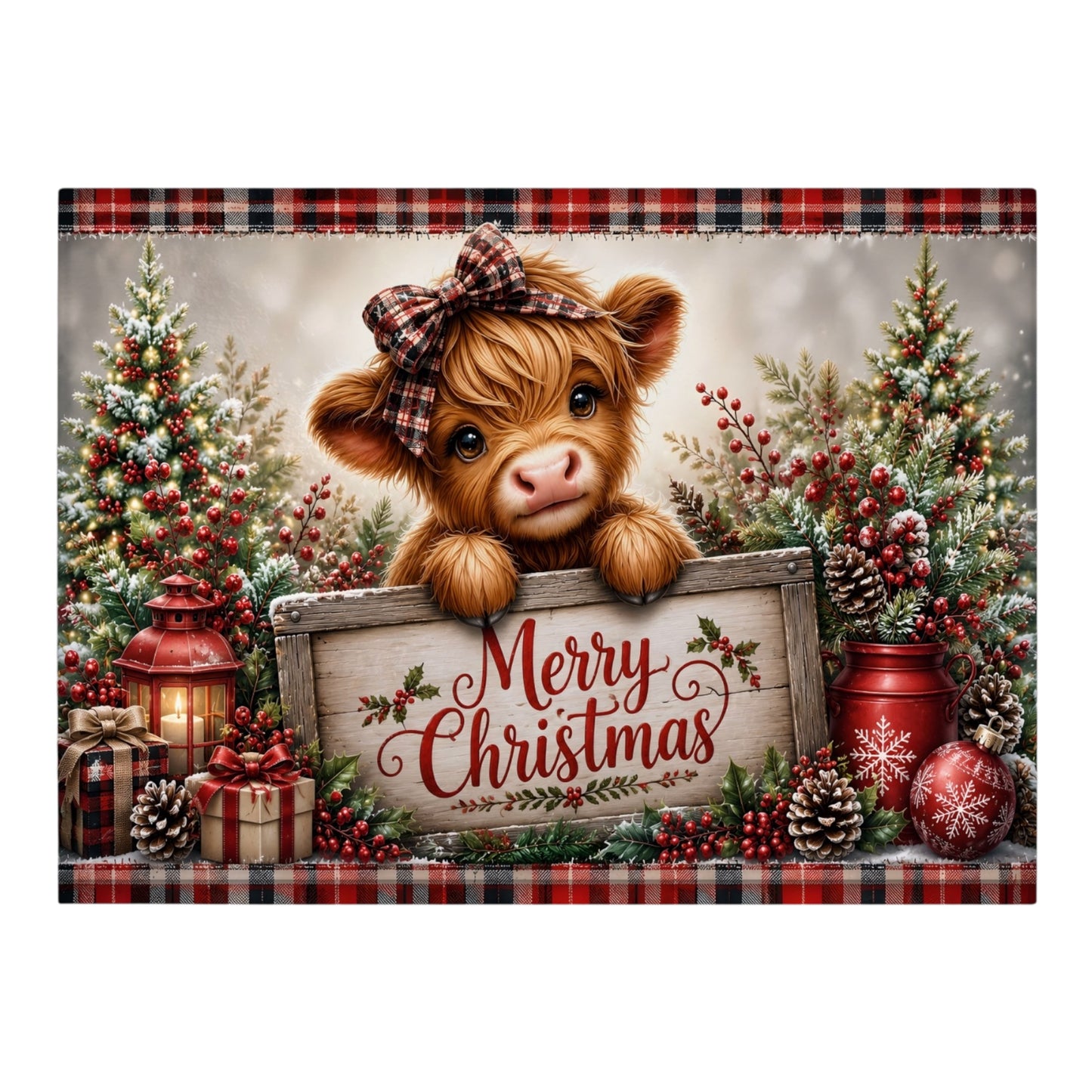 Plaid Highland Cow Merry Christmas Glass Cutting Board 15x11