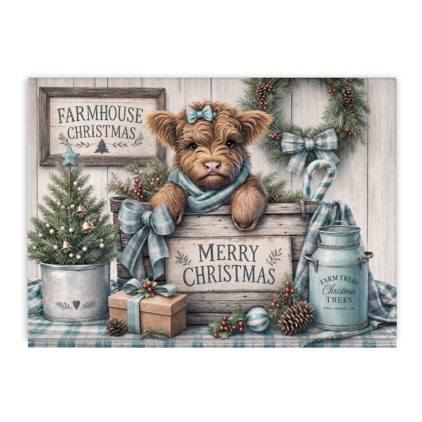 Farmhouse Christmas Highland Cow Tempered Glass Cutting Board 15x11