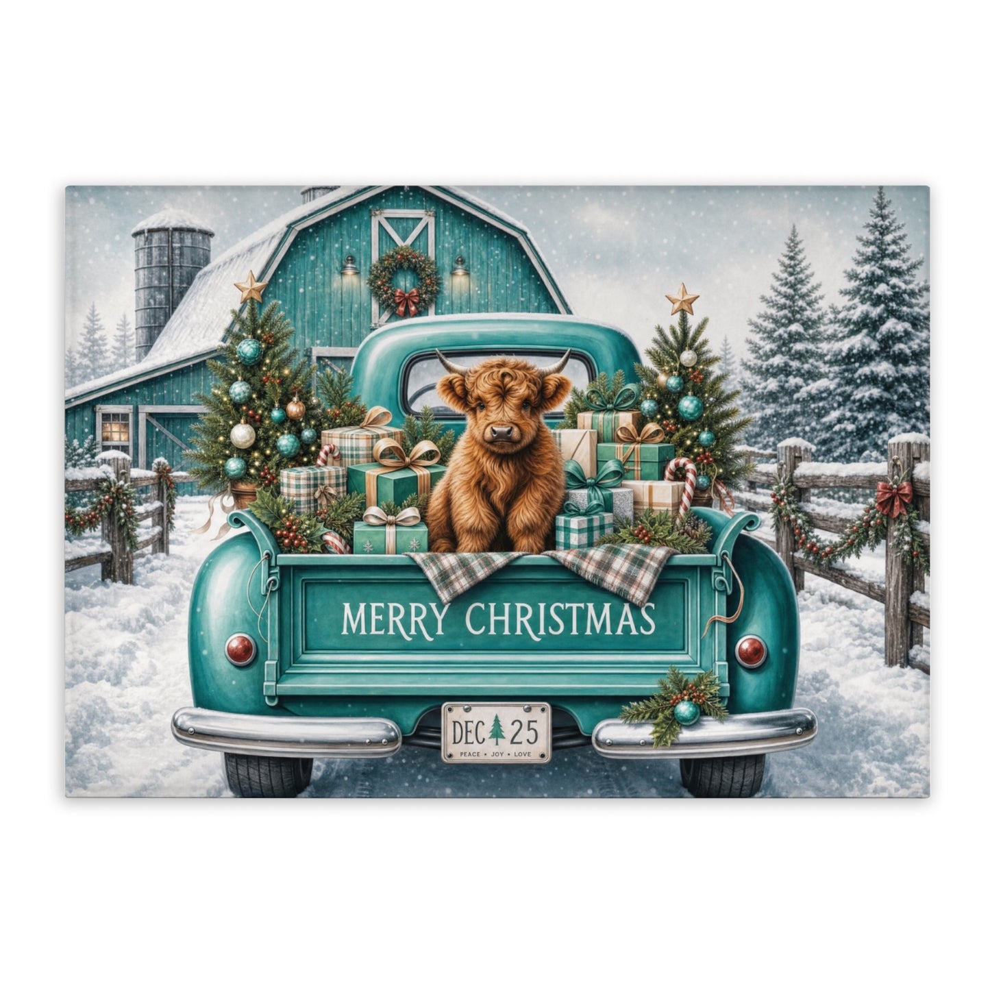 Highland Cow Teal Christmas Tempered Glass Cutting Board 15x11