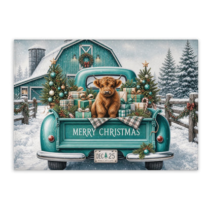 Highland Cow Teal Christmas Tempered Glass Cutting Board 15x11