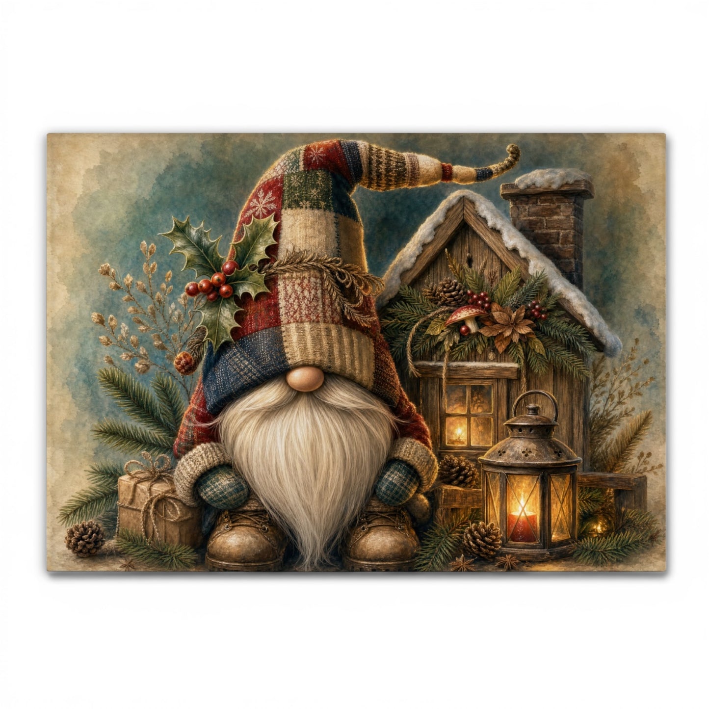 Cottage Christmas Gnome Tempered Glass Cutting Board 15x11 Inches