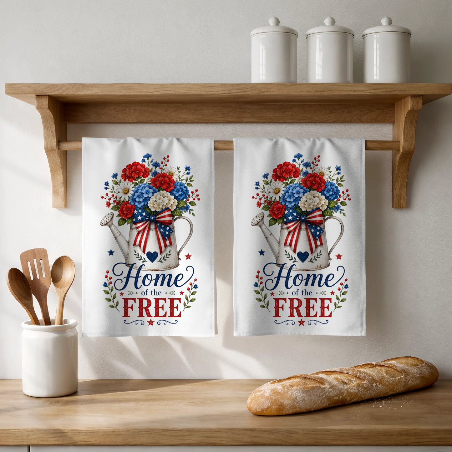 Patriotic Kitchen Dish Towel, 'Home of the Free' Design, 100% Polyester, 18x28 Inch, Red White and Blue Floral
