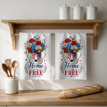 Patriotic Kitchen Dish Towel, 'Home of the Free' Design, 100% Polyester, 18x28 Inch, Red White and Blue Floral