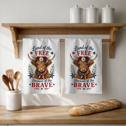 Patriotic Highland Cow Tea Towel, 'Land of the Free Because of the Brave', 18x28 Inch, 100% Polyester, Kitchen Decor