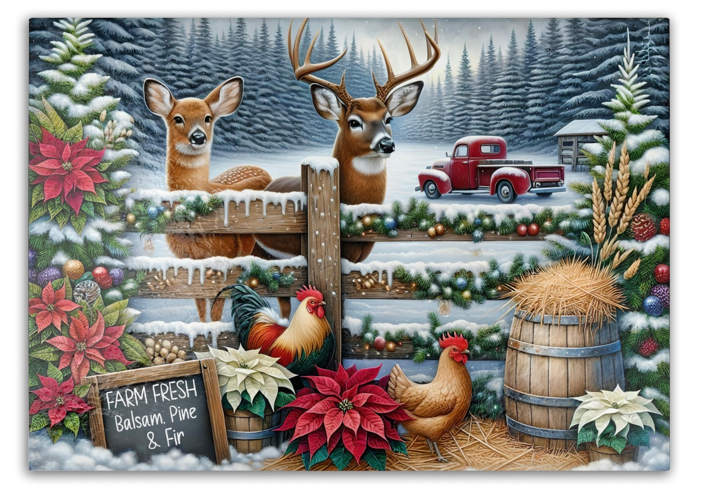 Christmas Farmhouse Tempered Glass Cutting Board, 2 Sizes Small (11” x 8”) and Large (15” x 11”), Hand Wash Only, Charcuterie Board