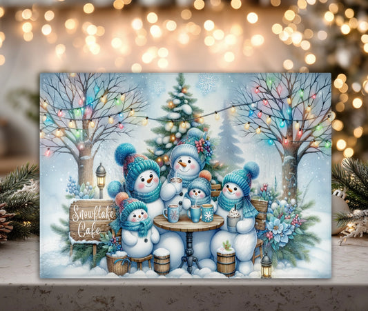 Snowflake Cafe Snowmen Family Tempered Glass Cutting Board - Holiday Kitchen Magic